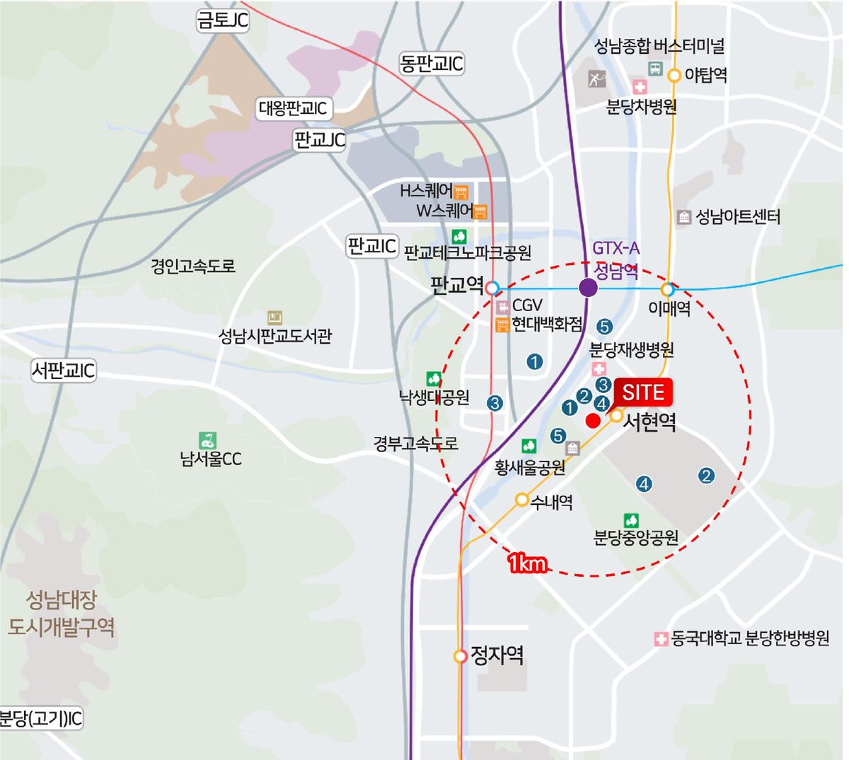 라포르테블랑 서현 광역 입지 지도 - 판교역·서현역·정자역 일대, 반경 1km